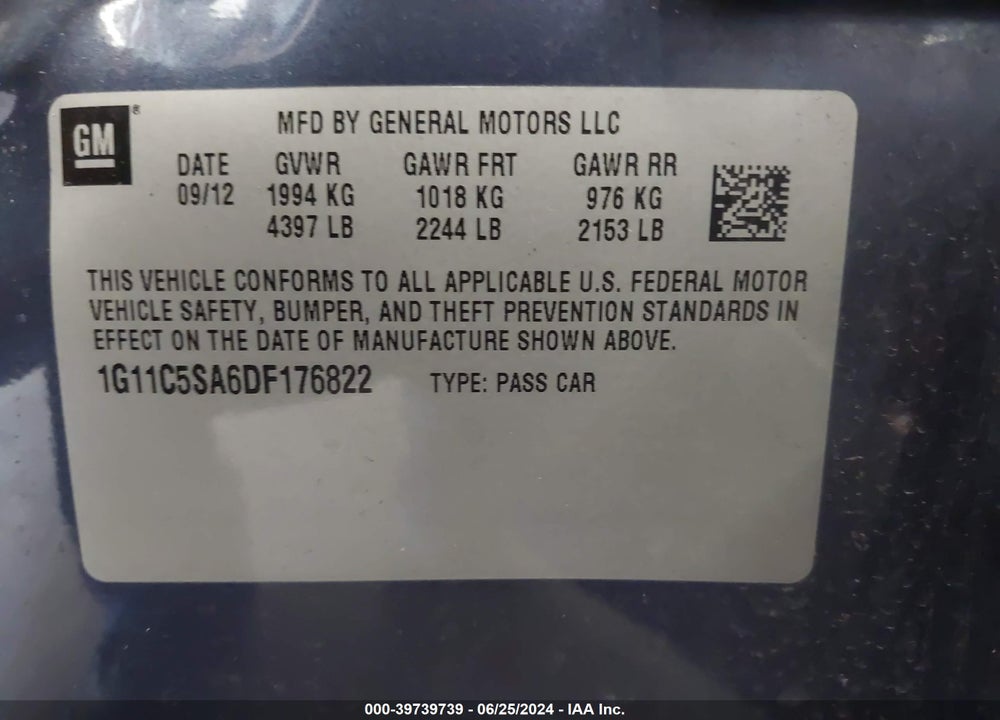 2013 CHEVROLET MALIBU 1LT VIN: 1G11C5SA6DF176822