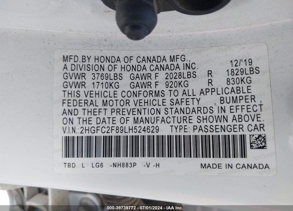 2020 HONDA CIVIC SPORT VIN: 2HGFC2F89LH524629