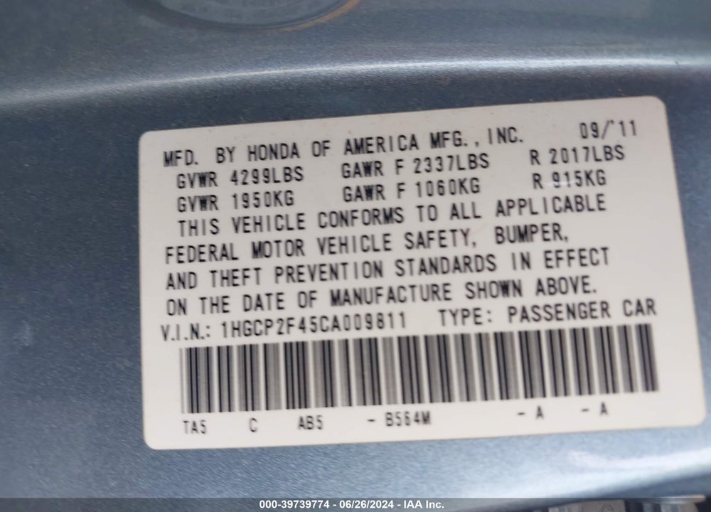 2012 HONDA ACCORD 2.4 LX-P VIN: 1HGCP2F45CA009811