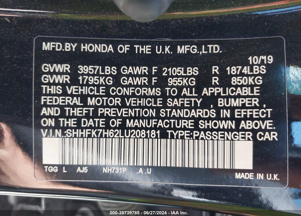 2020 HONDA CIVIC EX VIN: SHHFK7H62LU208181