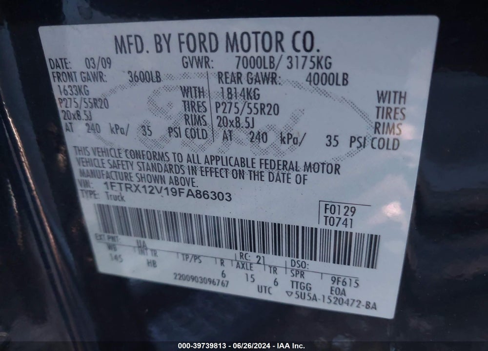 2009 FORD F-150 LARIAT/XL/XLT VIN: 1FTRX12V19FA86303