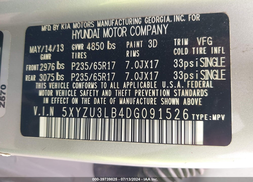 2013 HYUNDAI SANTA FE SPORT VIN: 5XYZU3LB4DG091526
