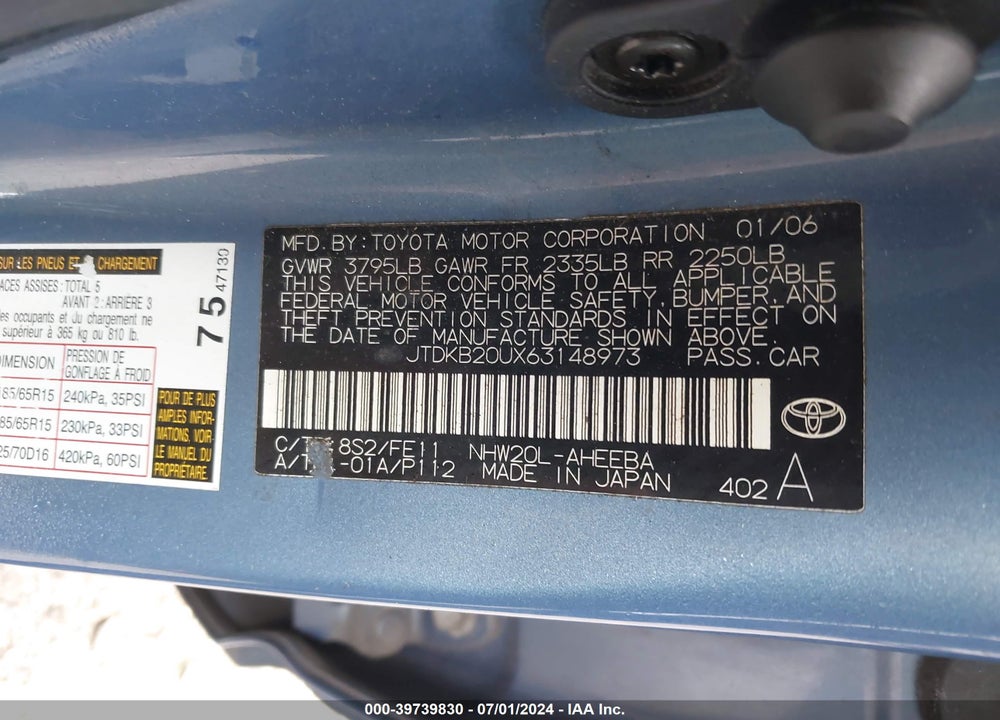 2006 TOYOTA PRIUS VIN: JTDKB20UX63148973
