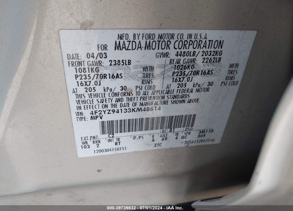 2003 MAZDA TRIBUTE LX V6 VIN: 4F2YZ94133KM48614