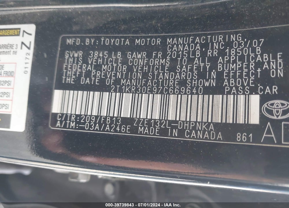 2007 TOYOTA MATRIX/XR VIN: 2T1KR30E97C669640
