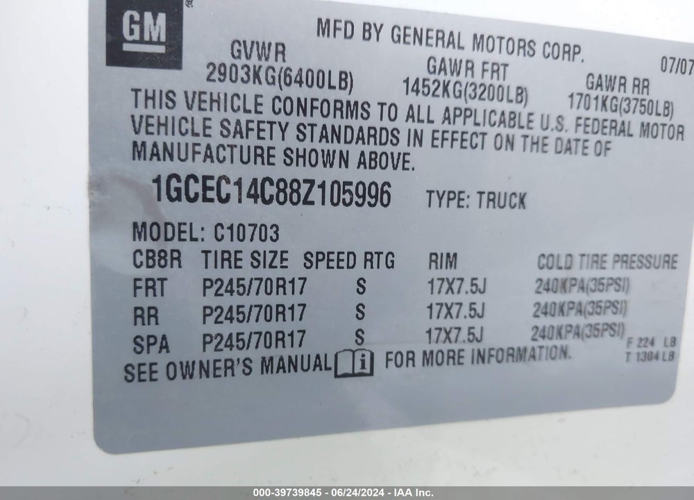 2008 CHEVROLET SILVERADO 1500 WORK TRUCK VIN: 1GCEC14C88Z105996