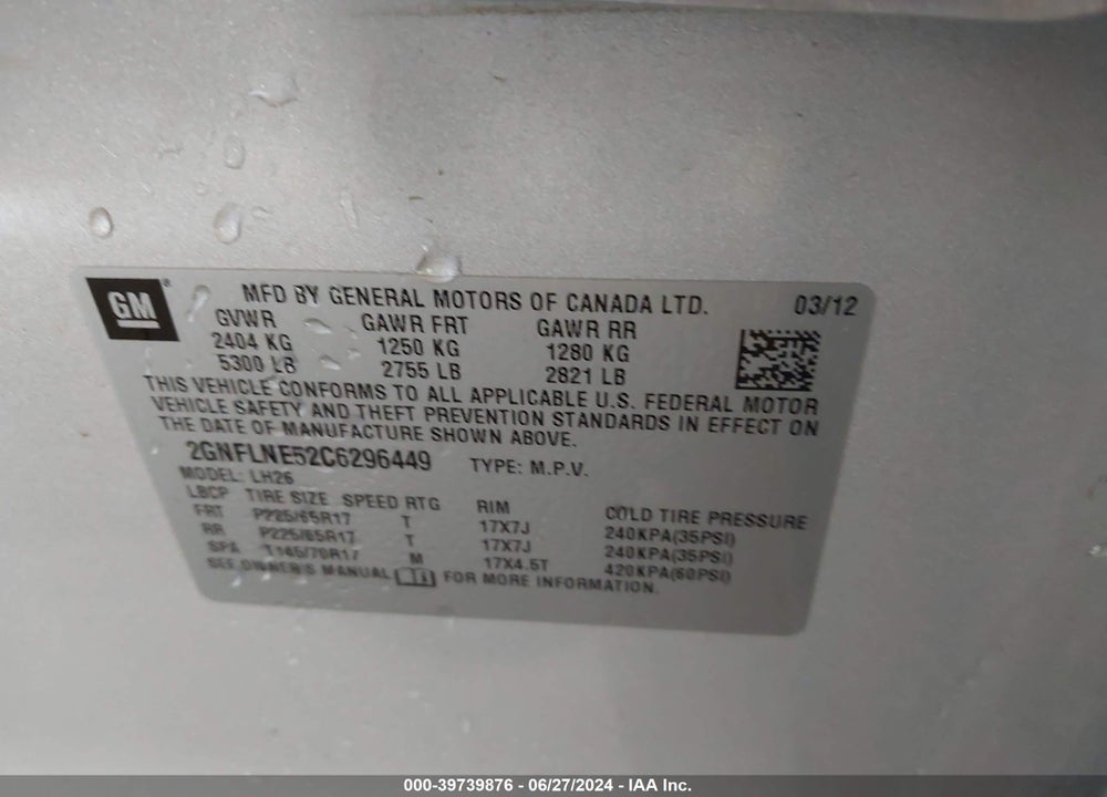 2012 CHEVROLET EQUINOX VIN: 2GNFLNE52C6296449