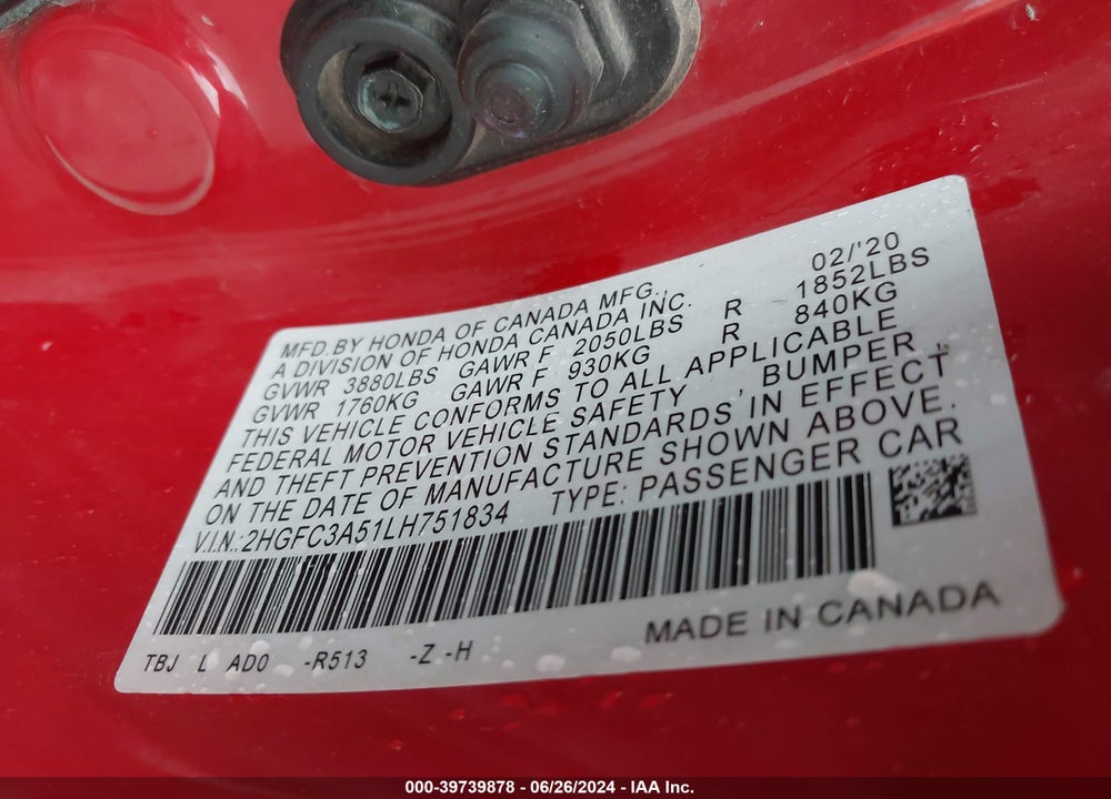 2020 HONDA CIVIC SI COUPE VIN: 2HGFC3A51LH751834