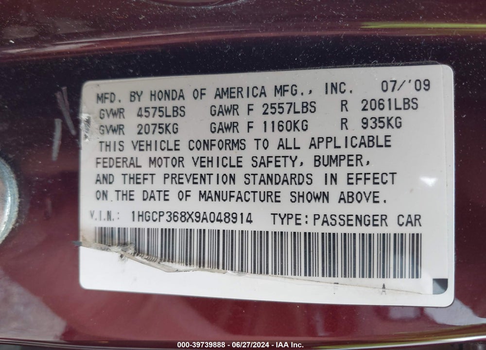 2009 HONDA ACCORD 3.5 EX-L VIN: 1HGCP368X9A048914
