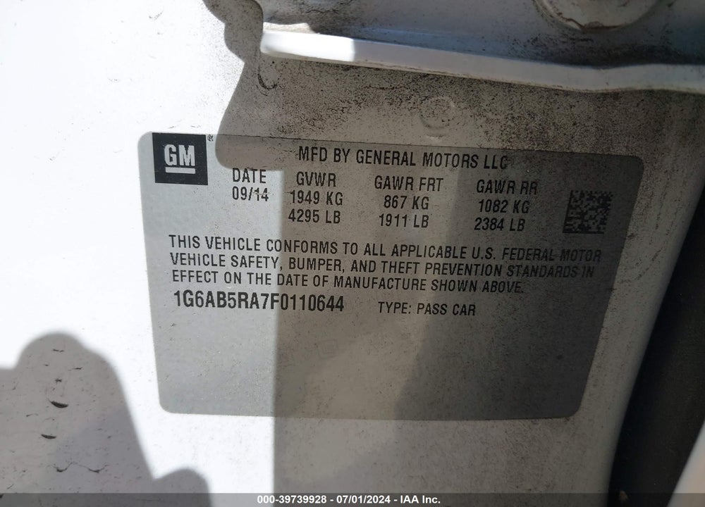 2015 CADILLAC ATS LUXURY VIN: 1G6AB5RA7F0110644