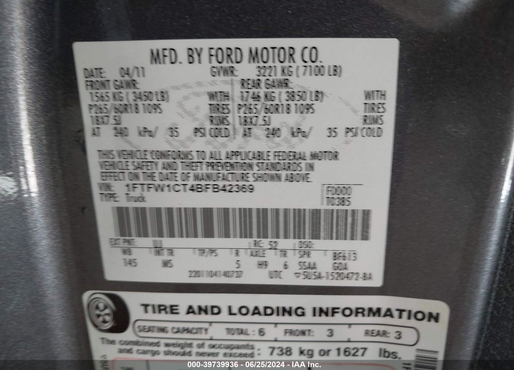 2011 FORD F-150 XLT VIN: 1FTFW1CT4BFB42369