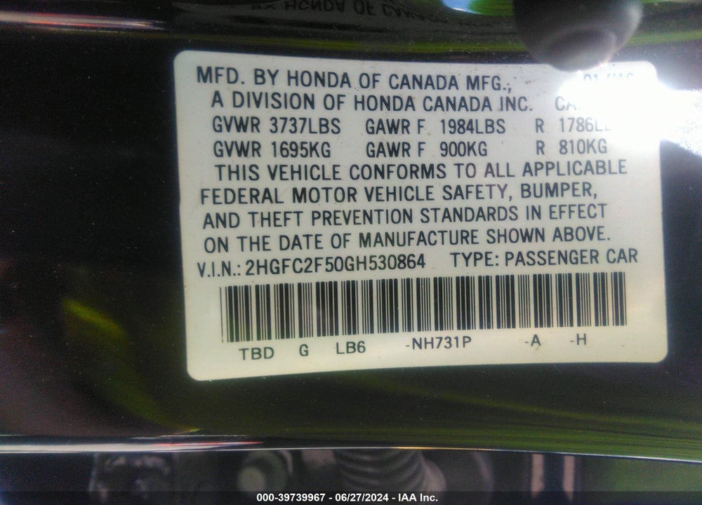 2016 HONDA CIVIC LX VIN: 2HGFC2F50GH530864