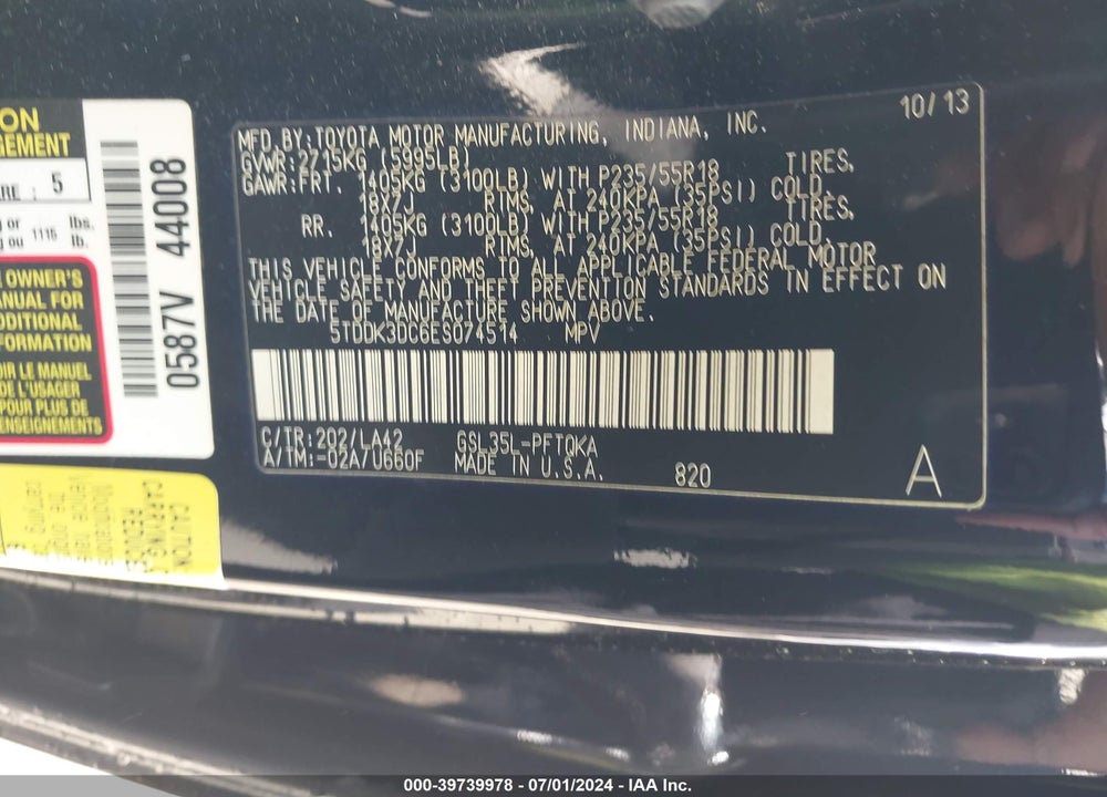 2014 TOYOTA SIENNA LIMITED 7 PASSENGER VIN: 5TDDK3DC6ES074514