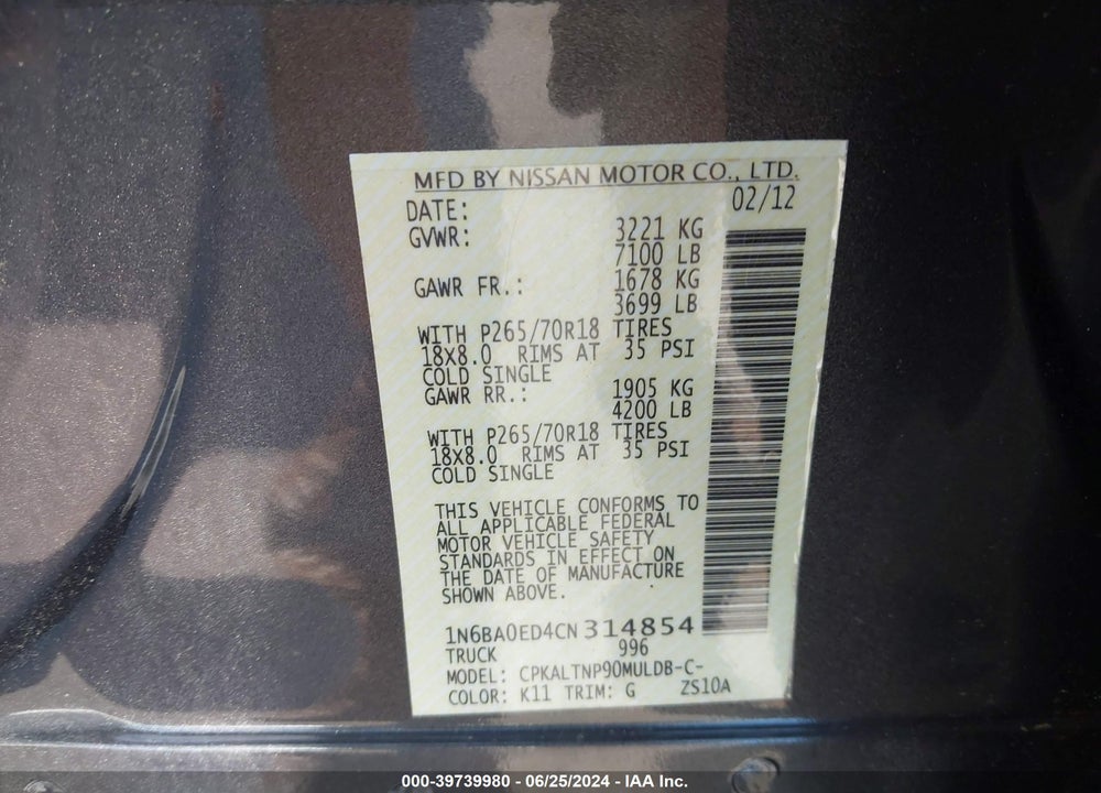 2012 NISSAN TITAN SV VIN: 1N6BA0ED4CN314854