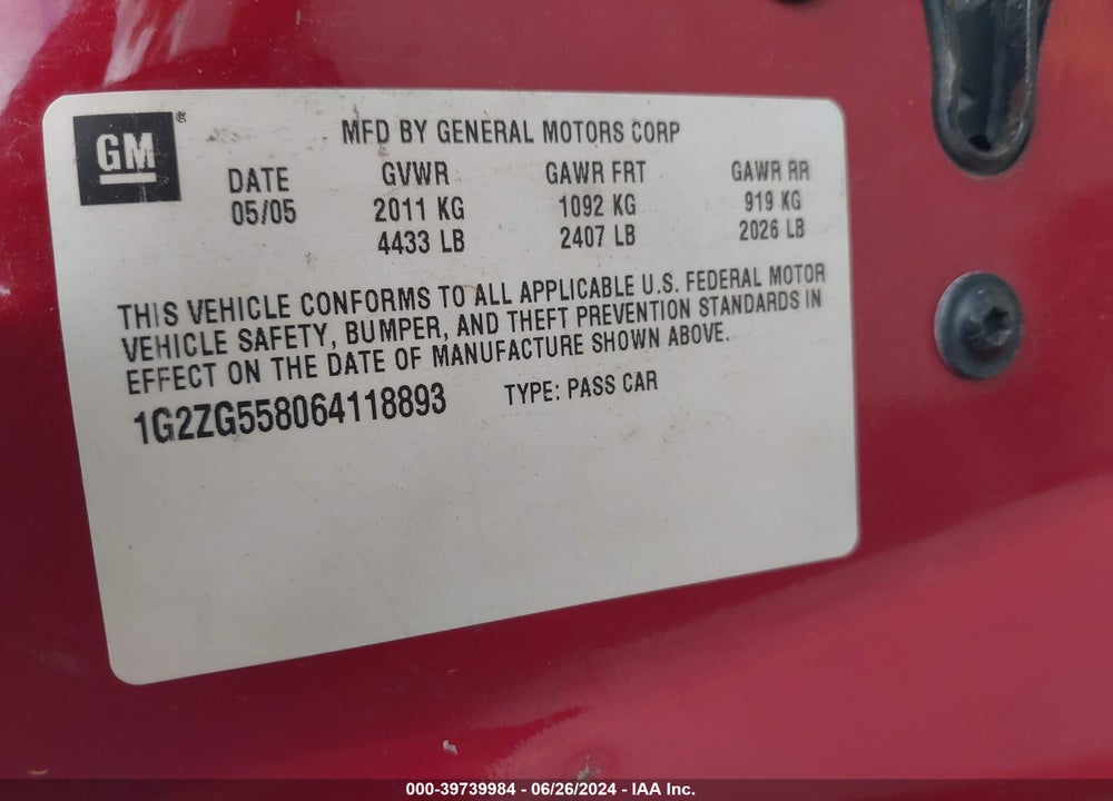 2006 PONTIAC G6 VIN: 1G2ZG558064118893