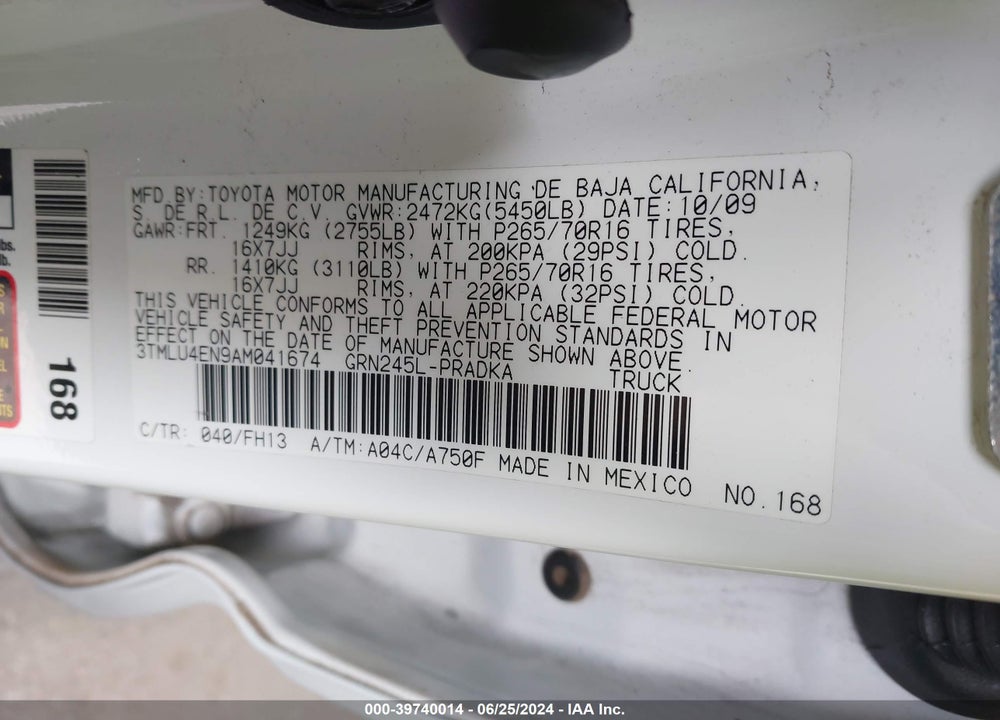 2010 TOYOTA TACOMA BASE V6 VIN: 3TMLU4EN9AM041674