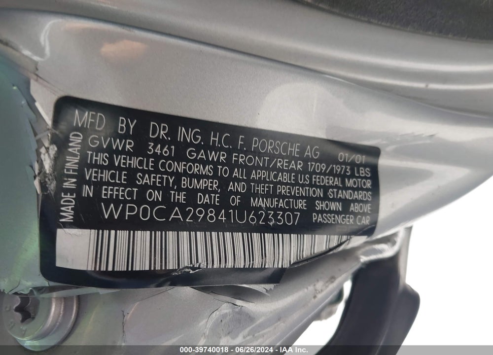 2001 PORSCHE BOXSTER VIN: WP0CA29841U623307