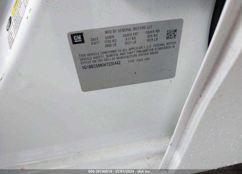 2017 CHEVROLET CRUZE LT AUTO VIN: 1G1BE5SM6H7235442