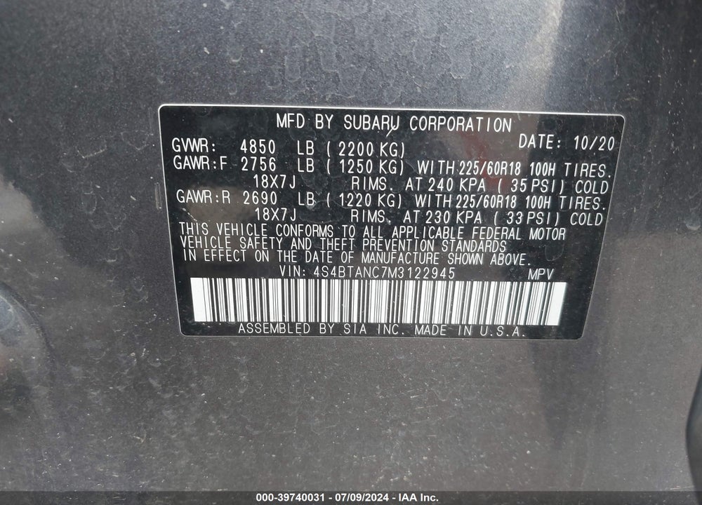 2021 SUBARU OUTBACK LIMITED VIN: 4S4BTANC7M3122945