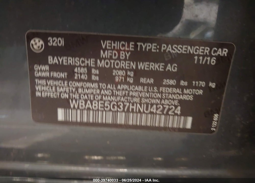 2017 BMW 320I XDRIVE VIN: WBA8E5G37HNU42724