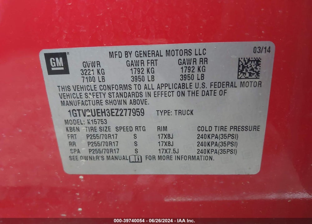 2014 GMC SIERRA 1500 SLE VIN: 1GTV2UEH3EZ277959