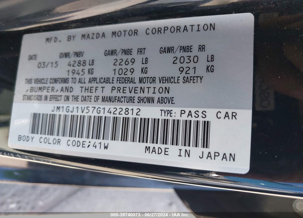 2016 MAZDA 6 I TOURING VIN: JM1GJ1V57G1422812