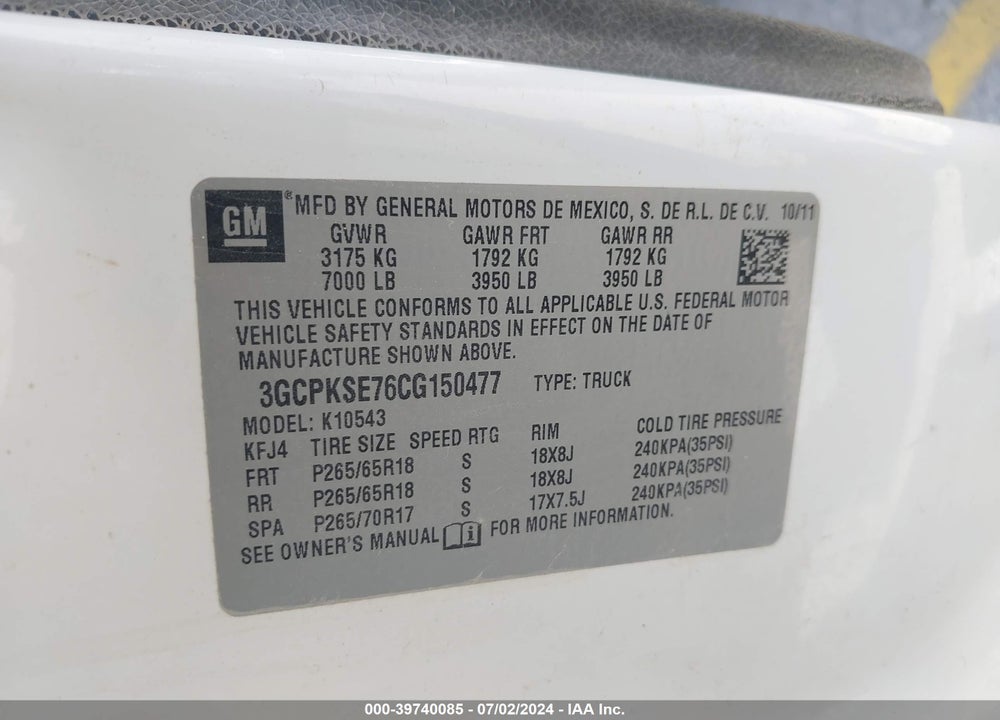 2012 CHEVROLET SILVERADO 1500 VIN: 3GCPKSE76CG150477
