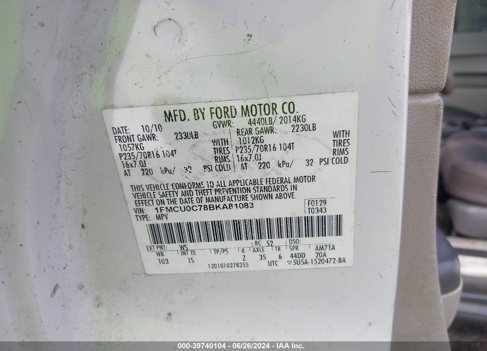 2011 FORD ESCAPE XLS VIN: 1FMCU0C78BKA81083