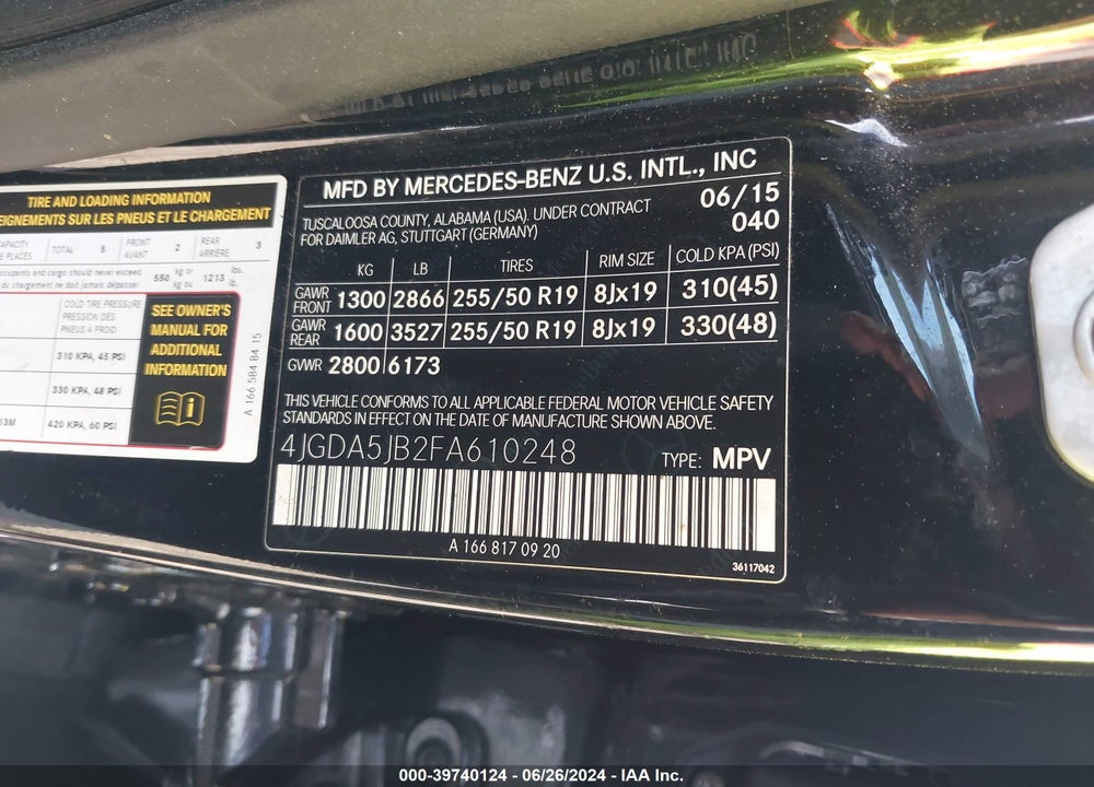 2015 MERCEDES-BENZ ML 350 VIN: 4JGDA5JB2FA610248