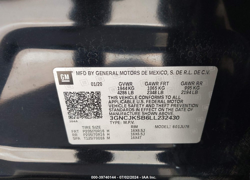 2020 CHEVROLET TRAX FWD LS VIN: 3GNCJKSB6LL232430