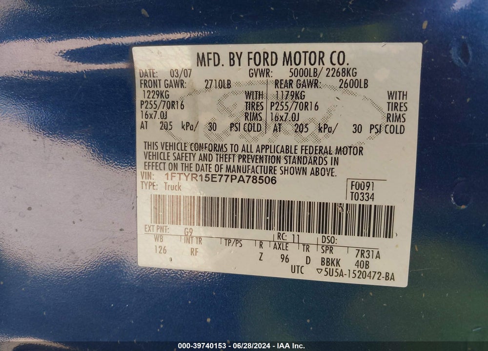 2007 FORD RANGER FX4 OFF-ROAD/SPORT/XL/XLT VIN: 1FTYR15E77PA78506