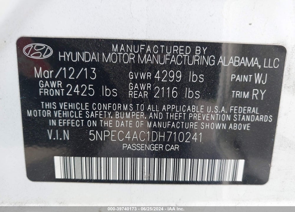 2013 HYUNDAI SONATA SE VIN: 5NPEC4AC1DH710241