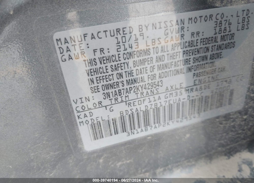 2019 NISSAN SENTRA SV VIN: 3N1AB7AP2KY429543