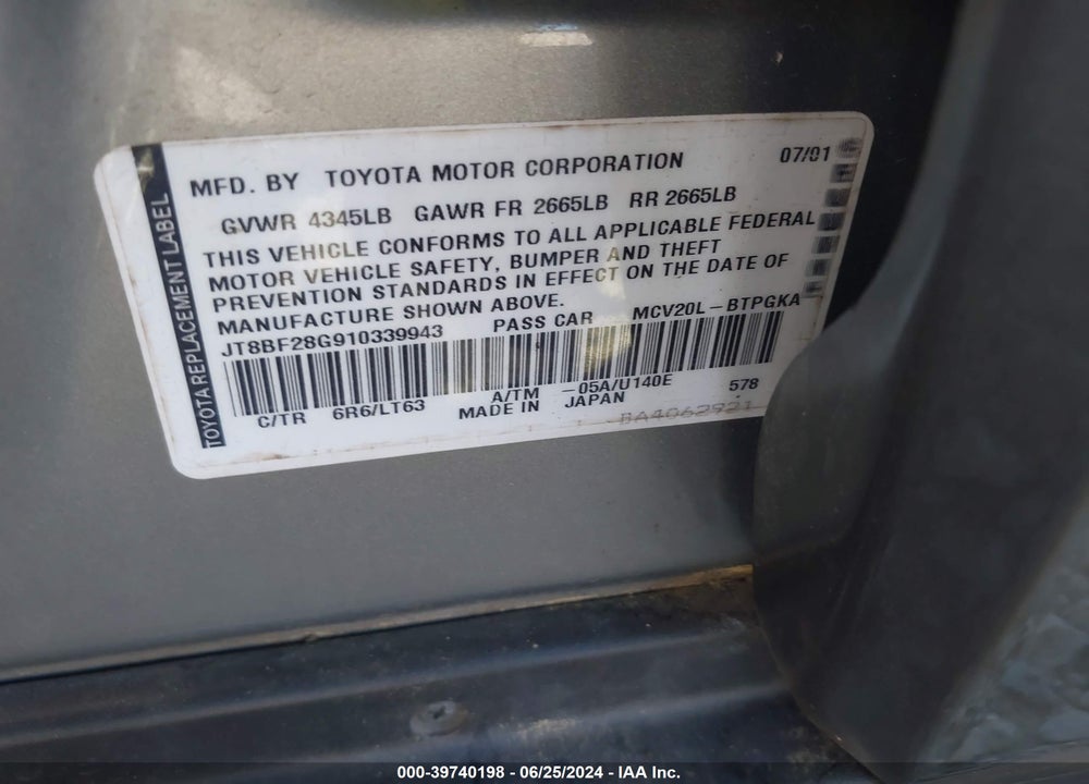 2001 LEXUS ES 300 VIN: JT8BF28G910339943