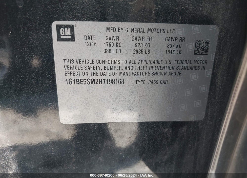 2017 CHEVROLET CRUZE LT AUTO VIN: 1G1BE5SM2H7198163
