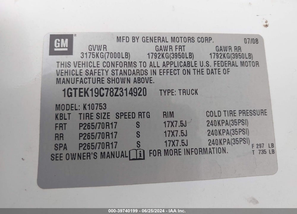 2008 GMC SIERRA 1500 WORK TRUCK VIN: 1GTEK19C78Z314920
