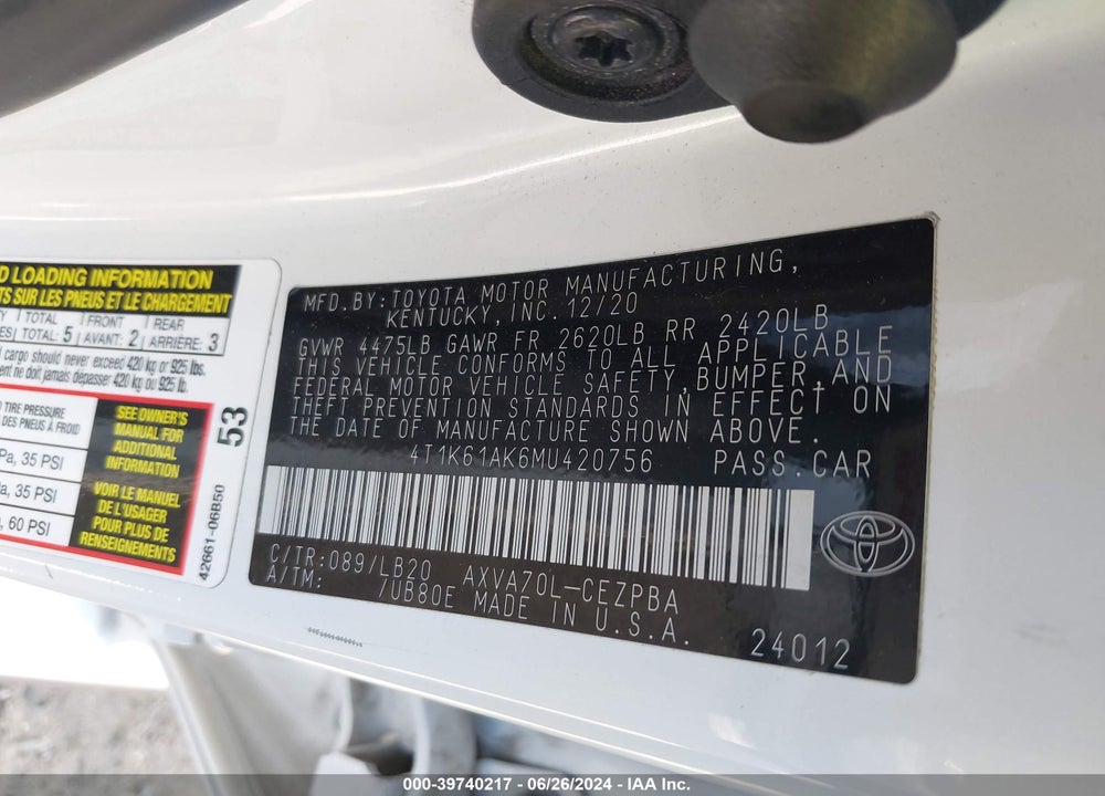 2021 TOYOTA CAMRY XSE VIN: 4T1K61AK6MU420756