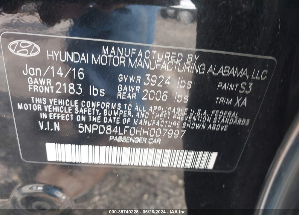 2017 HYUNDAI ELANTRA SE VIN: 5NPD84LF0HH007997
