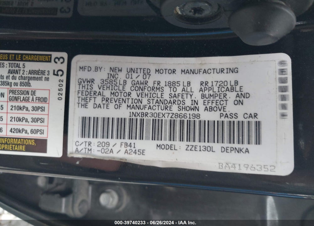 2007 TOYOTA COROLLA LE VIN: 1NXBR30EX7Z866198