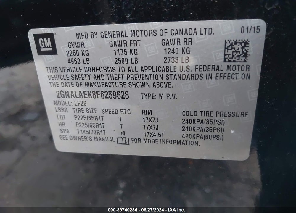 2015 CHEVROLET EQUINOX LS VIN: 2GNALAEK8F6259628