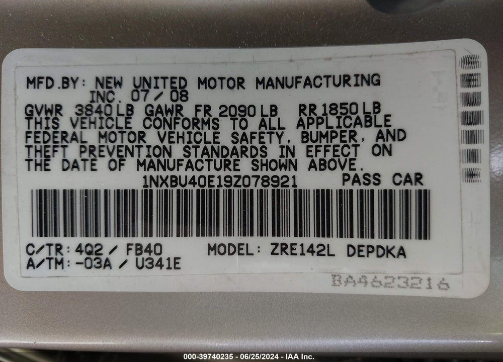 2009 TOYOTA COROLLA LE VIN: 1NXBU40E19Z078921
