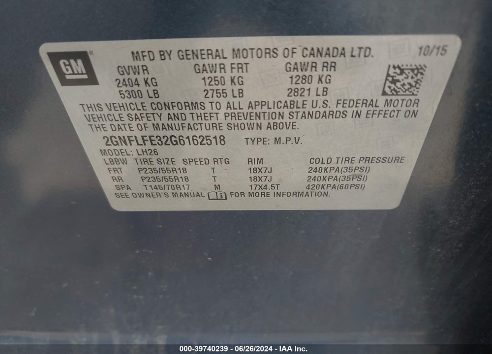 2016 CHEVROLET EQUINOX LT VIN: 2GNFLFE32G6162518
