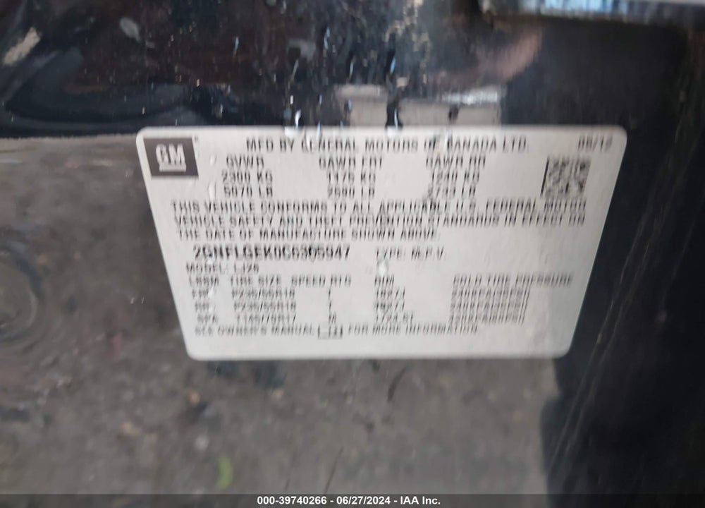2012 CHEVROLET EQUINOX LTZ VIN: 2GNFLGEK0C6365947