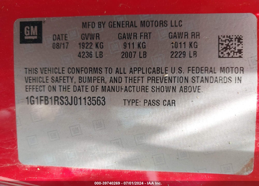 2018 CHEVROLET CAMARO 1LT VIN: 1G1FB1RS3J0113563
