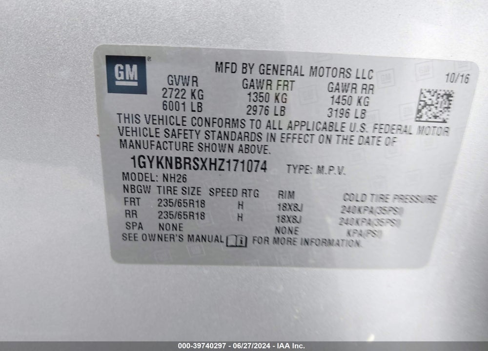 2017 CADILLAC XT5 LUXURY VIN: 1GYKNBRSXHZ171074