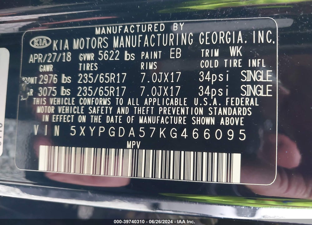 2019 KIA SORENTO 3.3L LX VIN: 5XYPGDA57KG466095