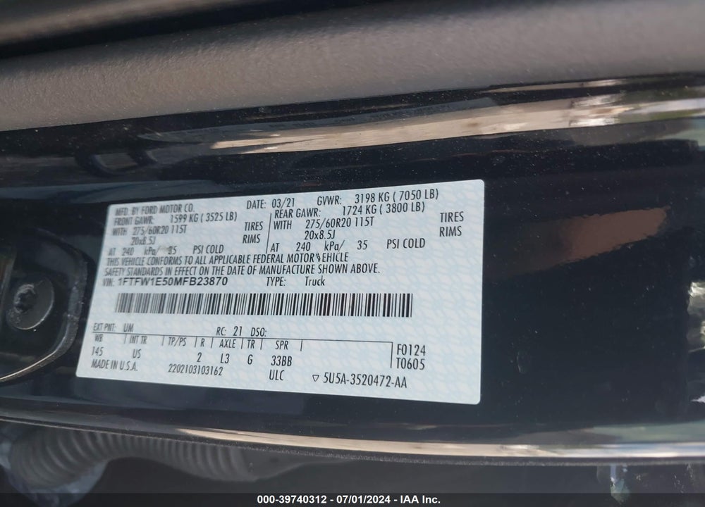 2021 FORD F-150 XLT VIN: 1FTFW1E50MFB23870