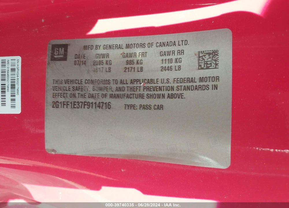 2015 CHEVROLET CAMARO 2LT VIN: 2G1FF1E37F9114716