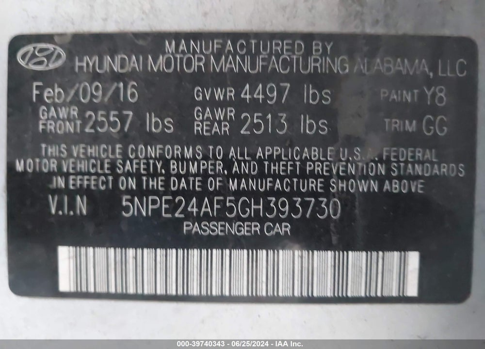 2016 HYUNDAI SONATA VIN: 5NPE24AF5GH393730