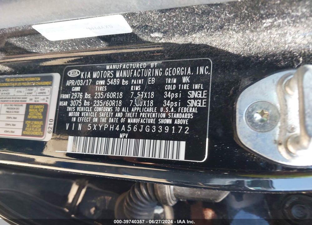 2018 KIA SORENTO 3.3L EX VIN: 5XYPH4A56JG339172